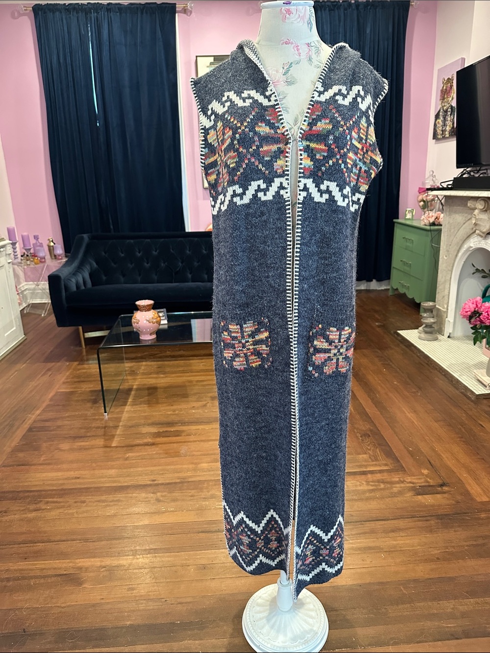 Fair Isle Sleeveless Hooded Knit Maxi Vest in Grey